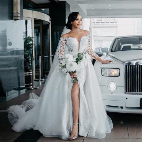 Off Shoulder Lace Mermaid Wedding Dresses Plus Size Women African Long Sleeves vestidos de novia Bridal Gowns Detachable