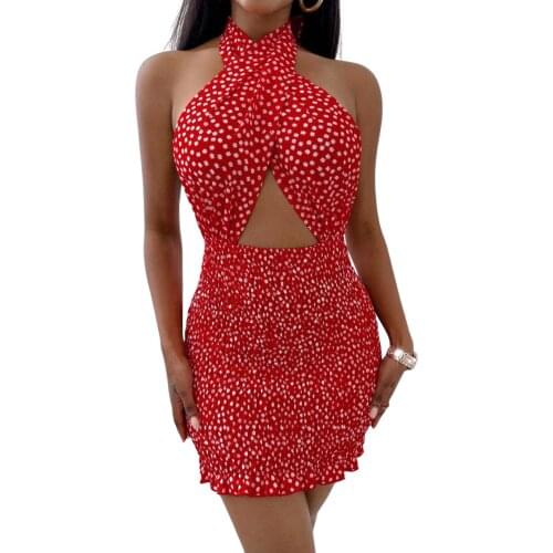 Women Close-fitting Backless Dress Floral Printed Pattern Halter Neck Hollow Out Short Skirt, Green/ Red/ Yellow