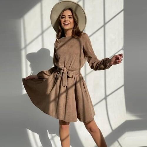 Churses Casual O-Neck Belt Folds Knee Dress Autumn Long Sleeve Corduroy Loose Warm Office Lady A-Line Dresses For Women 2021