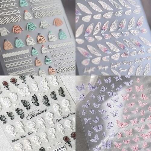 1sheet Butterfly 3D Acrylic Engraved Nail Sticker Sweater Wool Cute White Snowflake Wing Colorful Relief Nail Water Slide Decals