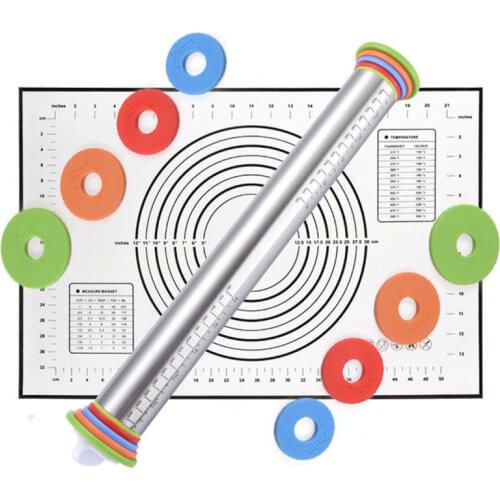 17 Inch Adjustable Stainless Steel Rolling Pin Fondant Dough Mat Silicone Baking Mat Dough Roller Cake Pizza Pastry Baking Tools