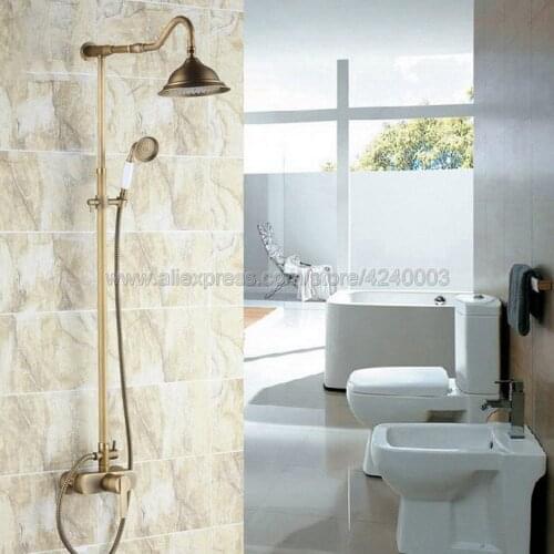 Antique Brass 8" Rain Shower Head Faucet Set Wall Mount Mixer Tap Handheld Wand Shower Sprayer Krs202