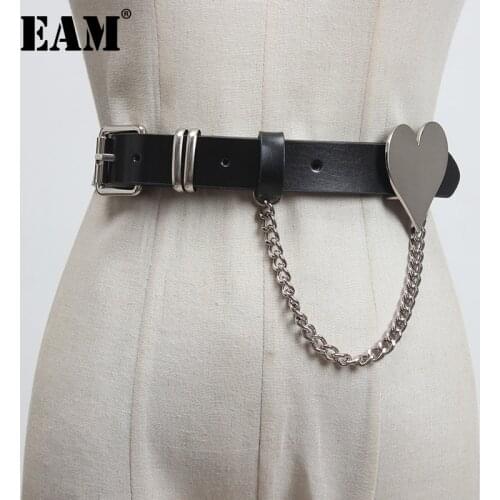 [EAM] Pu Leather Black Split Joint Chain Long Belt Personality Women New Fashion Tide All-match Spring Autumn 2021 1Z908