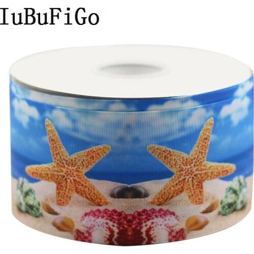 IuBuFiGo 10 yard 3" 75mm Beach starfish Printed Grosgrain ribbon gift ribbon bows DIY headband tape For Decorations 1870