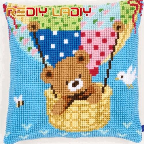 Cross Stitch Cushion Sleeping Bear Chunky Yarn Cross-Stitch Kits Needlework Pre-Printed Canvas Pillow Home Decor Arts & Crafts