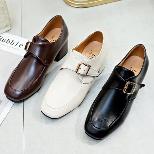 Big Size Women Loafers Mid Heels Square Toe Buckle Brogue Shoes Retro Woman Black Monk Oxford Shoes Square Heels Pumps 8594G
