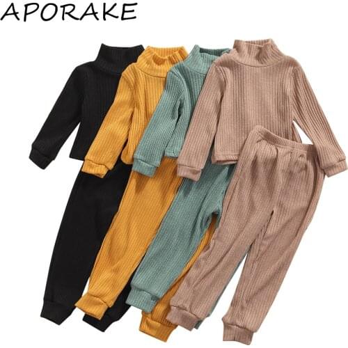 2021 2-7Y Autumn Kids Baby Girl Clothes Set Solid Color Long Sleeve Turtleneck Pullovers Top+Pants Spring Fashion Outfits 2pcs