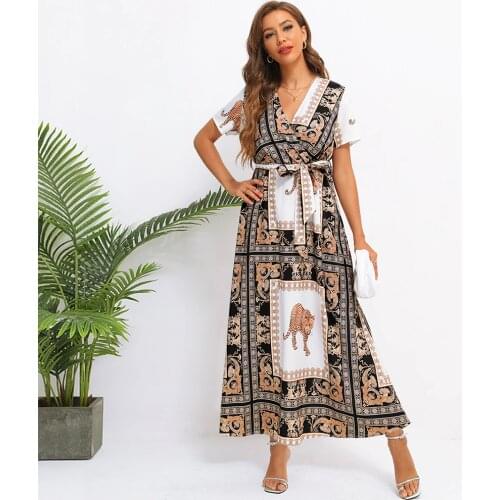 Fridayin Boho Fashion Elegant Womens V Neck Leopard Lace Dress With Short Sleeves Print Belt Beach Long Vestidos