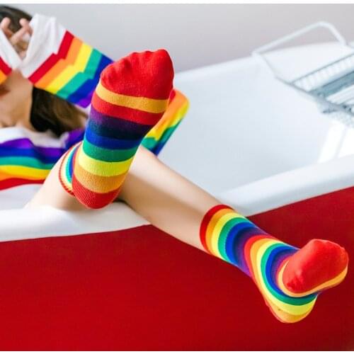 Fashion Mens and Women Cotton Socks Cartoon Rainbow Stripe Art Van Gogh Happy Casual Funny Long Socks Cotton