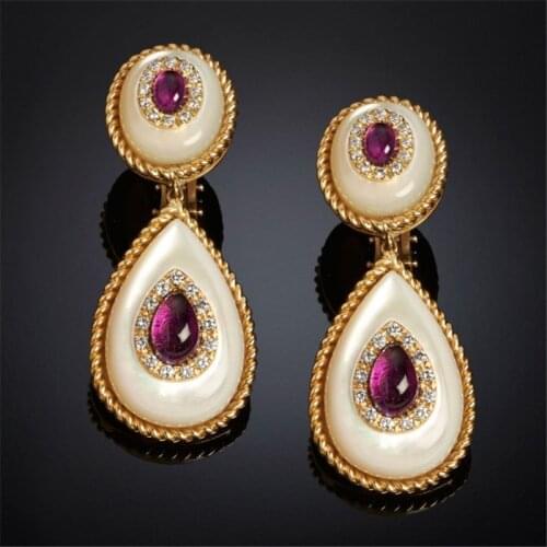 New Luxury Purple Stone Big Water Drop Earrings For Women Yellow Gold Twist Metal White Enamel Piercing Dangle Earring Jewelry
