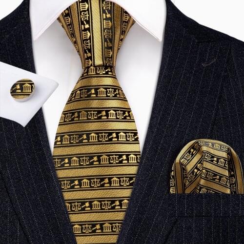 New Designer Men Tie Set 150*8.5cm Necktie Gold Pattern Silk Jacquard Wedding Business Handkerchief Cufflink Tie Set Barry.Wang