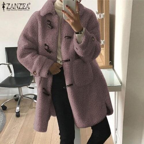 Overcoat ZANZEA 2021 Women Lapel Winter Full Sleeve Outwear Vintage Warm Coats Casual Loose Horn Buttons Plush Jackets Plus Size