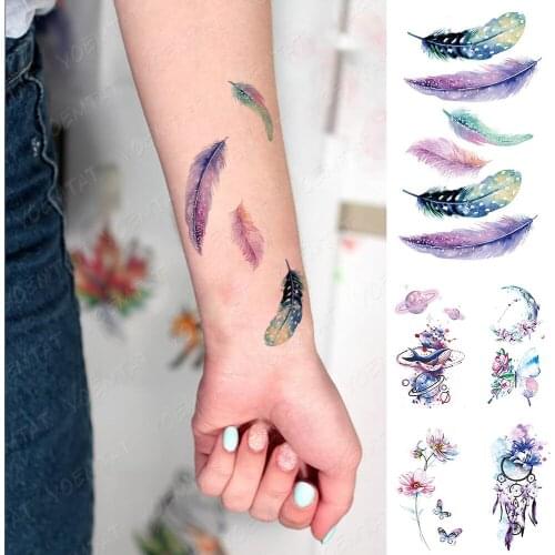 Waterproof Temporary Tattoo Sticker Kids Arm Feather Moon Butterfly Flower Color Water Transfer Tatto Wrist Ankle Tatto Women