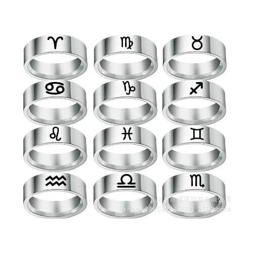 QIMING 12 Constellations Zodiac Rings For Women Men Stainless Steel Jewelry Vintage Leo Gemini Aries Ring Couple Matching Gift