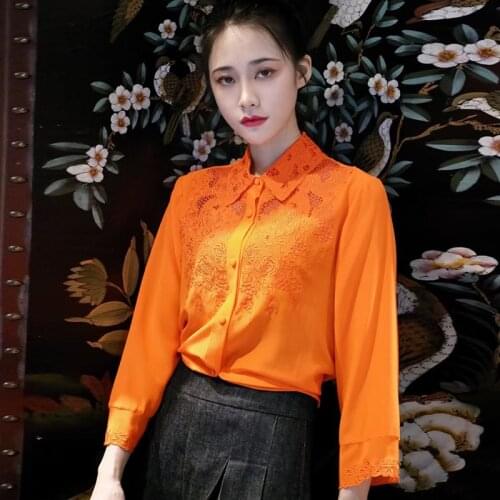 Spring And Summer New Style Womens Retro Hollow Embroidery High-End Silk Shirt Soft And Beautiful Top Plus Size M-3XL