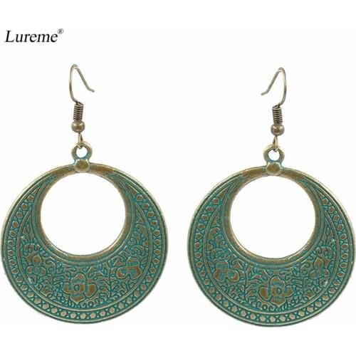 Lureme Vintage and Retro Bronze Green Round Hollow Boho Dangle Earrings for Women Girls (er005808)