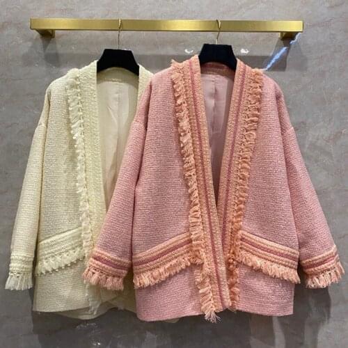 Spring autumn 2021 fashion womens high qulity tweed coat chic oversize BF style tassels cardigans overcoat B739