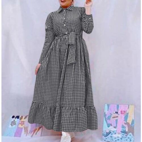 Vintage Button Shirt Dress Womens Autumn Muslim Dresses ZANZEA Casual Long Sleeve Maxi Vestidos Femme Plaid Robe Sundress 5XL