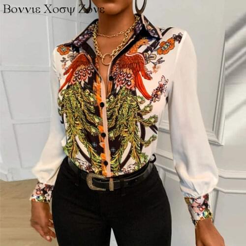 Women Turn-down Collar Buttoned Design Phoenix Print Long Sleeve Shirt Oversized Blouse