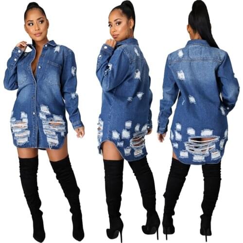 Winter 2020 New Arrival Sexy Hole Cotton Plus Size Long Sleeve Jean Jacket Women S-3XL Blue Denim Jackets Casual Loose Coat Ddlg