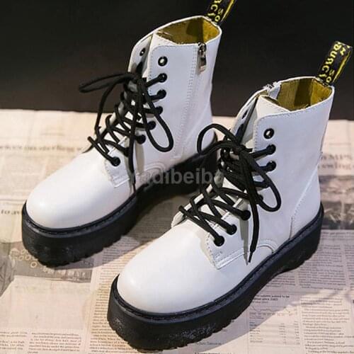 2021 Motorcycle Womens Boots Winter Soft Leather Shoes Black Botas Wedges Female Lace Up Platform Women Shoes White Botas Mujer