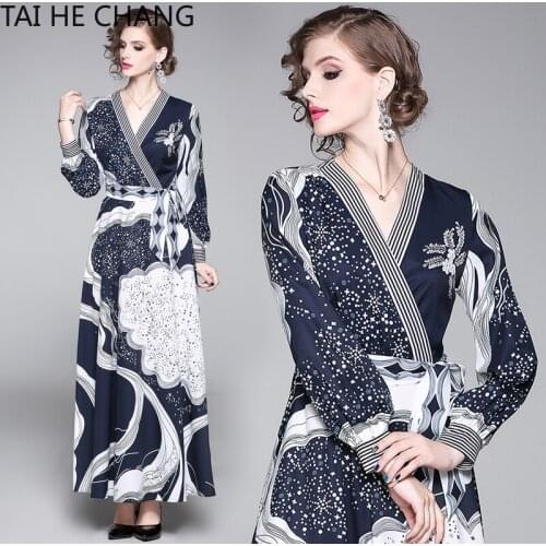 Women Dress New Fashion Retro Spring Summer Elegant Slim Bodycon Vintage Party Runway Print Office Work Maxi Dresses