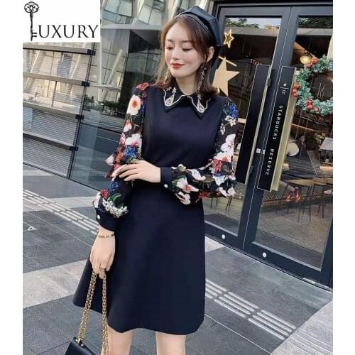 Party 2020 Spring Novia Style Women Turn-down Collar Beading Deco Floral Print Patchwork Long Sleeve Vintage Dress Casual Club