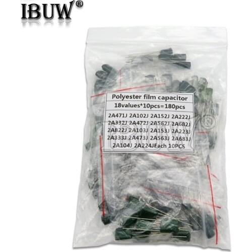 180PCS=18value*10PCS Polyester film capacitor Assorted Kit contains 2A104J 2A332J 2A472J 2A103J 2A333J 2A473J 2A563J 2A223J