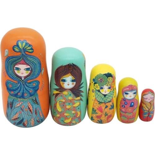 5Pcs/Set Cute Girl Wooden Russian Matryoshka Nesting Doll Puzzle Toy Craft Gift Handmade Doll Home Decor Tabletop Ornaments