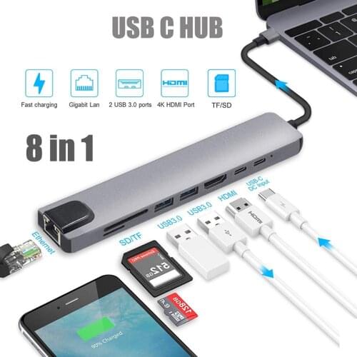 8in1 USB-C HUB HD MI 4k +USB3.0*2+PD Charging+ USB C /F + SD &TF card reader+RJ45