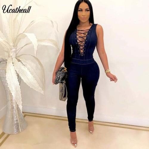 Women Sexy Pencil Pants Denim Jumpsuit Sleeveless Front Lace Up Jumpsuits Backless Bodycon Clubwear Jeans Playsuit