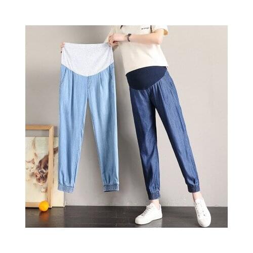 Vintgae Washed Denim Maternity Jeans for Pregnant Women Clothes Elastic Waist Belly Loose Pants Pregnancy Gravidas Clothing