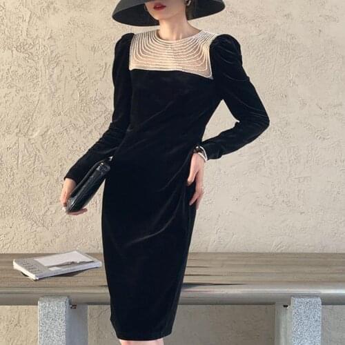 French style elegant beading pearl velvet dress women slim a-line party dress