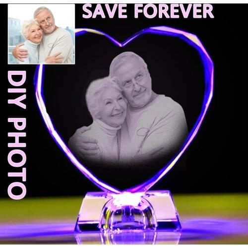 Custom Crystal Photo Frame High Quality Glow Love Heart Light Glass Ornaments Miniature Send Parents Friends Valentines Present