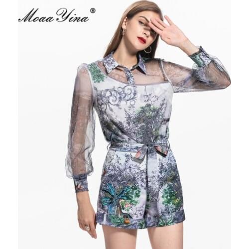 MoaaYina Fashion Runway Designer Summer Two Piece Shorts Sets Womens Mesh Long sleeve Shirts and Print Shorts Suit