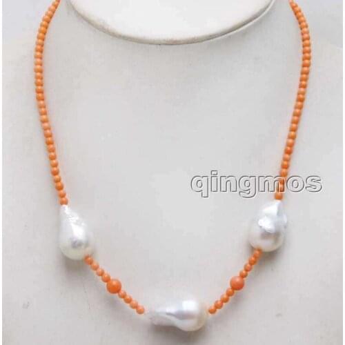 Fashion jewelry 14*25mm White Baroque Nuclear pearl & 3-4mm Pink Coral 18'' Necklace