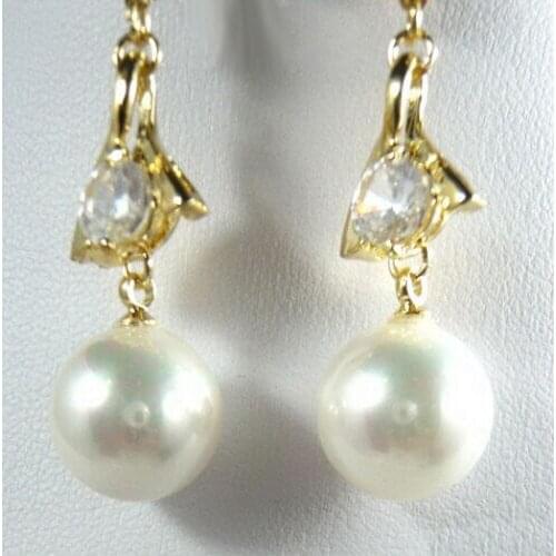 Fashion 10mm White Shell Pearl Crystal Dangle Women Girl Party Earrings