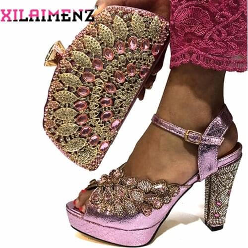 Fashion Onion Color African Women Matching Italian Shoes and Bag Set Decorated with Rhinestone Italian Ladies Shoe and Bag