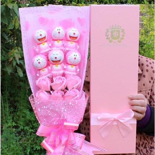 Handicrafts plastic Doraemon pink soap flower cartoon plush bouquet Valentines Day birthday Gifts