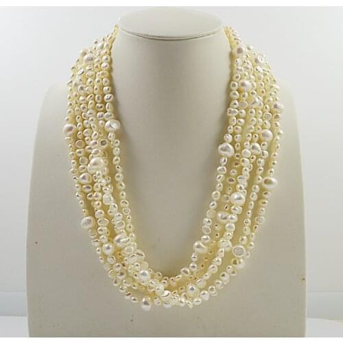 Terisa Unique Real Pearl Jewellery,White Baroque Genuine Freshwater Pearl,6rows Handmade Choker Necklace Shell Flower Clasp