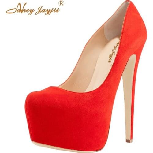 Red Soft Suede Slip-on Pumps With Platform 5cm Thick High Heels 15cm Casual Wedding Shoes Calzado Mujer Moda 2017 Nancyjayjii