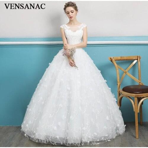 VENSANAC 2018 Ball Gown Flowers Appliques Wedding Dresses Illusion Lace O Neck Plus Size Pearls Backless Bridal Dress
