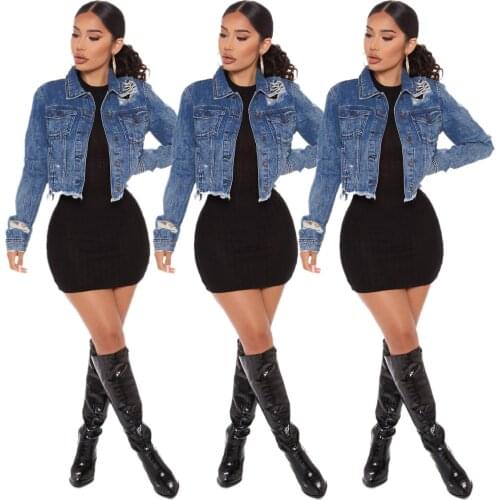 FNOCE 2020 winter new womens ripped jeans jackets fashion trends casual elegant solid long sleeve hole slim short denim coats