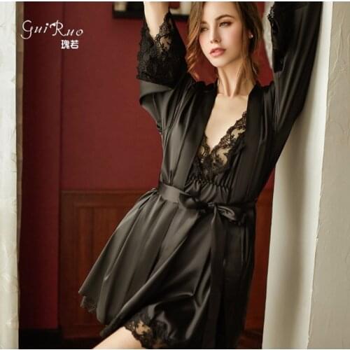 Summer Autumn Elegant Lady‘s Home Lace Sexy Women Skirt Uniforms Sexy Lingerie Underwear Nightdress Deep V Female Pajamas Dress