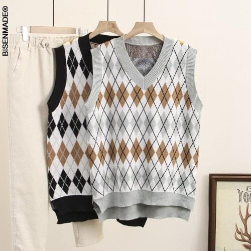 Womens Clothing Sweater Vest Plus Size Spring 2021 Fashion Casual Asymmetrical Length Jacquard Argyle Knitting Pollvers XXL/4XL