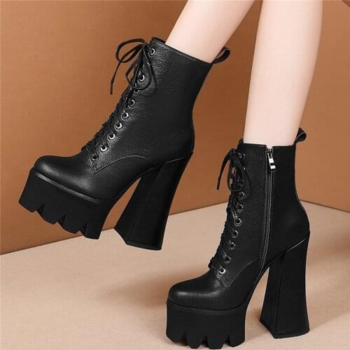 2020 High Heel Casual Shoes Women Lace Up Genuine Leather Chunky Platform Pumps Shoes Female High Top Round Toe Motorcycle Boots
