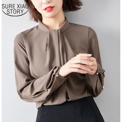 2021 Spring Solid Stand Collar Female Shirts Autumn Korea Clothing Office Lady Long Sleeve Chiffon Women Blouse and Tops 12628