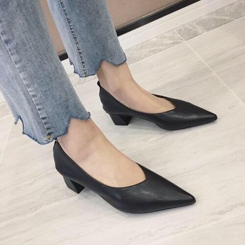 OL work woman pumps brief pointed toe shallow slip on chunky high heels dress soft leather comfy office ladies shoes solid femme