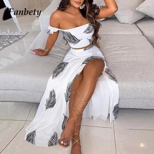 2021 Fashion Vintage Floral Print Two Piece Set Women Elegant Sexy Off Shoulder Tops And Split Long Dress Suit Summer Casual Set