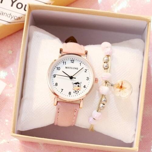 1pcs New Kids Watches Set Students Childrens Watches Pink Girls Leather Strap Child Hours Quartz Wristwatch Girl Gift Clocks